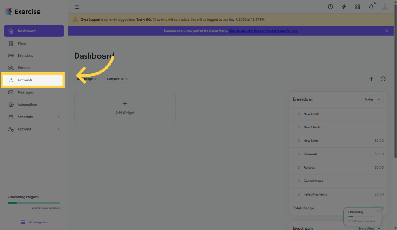 Accounts section on the dashboard highlighted.