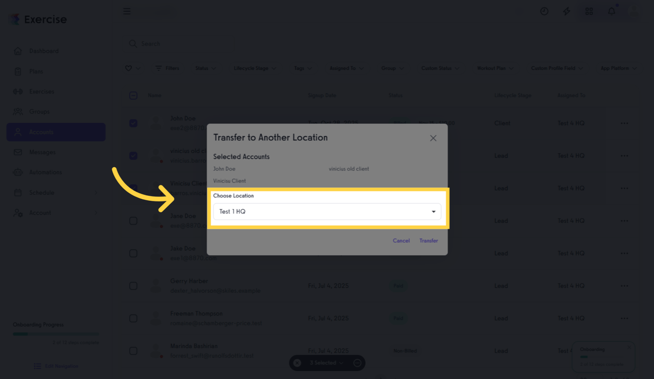 Choose Location dropdown for selecting destination location.