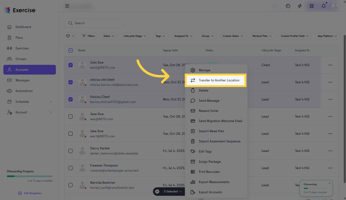 Transfer to Another Location option highlighted.