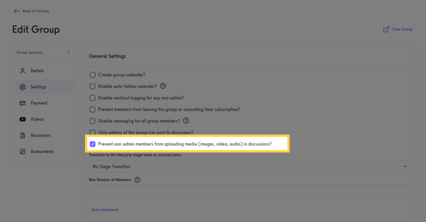 Turn off media uploads for non-group admins