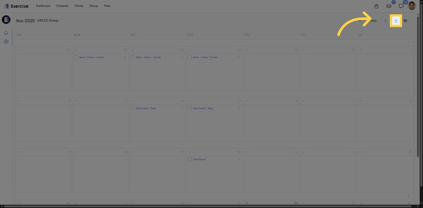 Screenshot showing the Import button on the group workout calendar.
