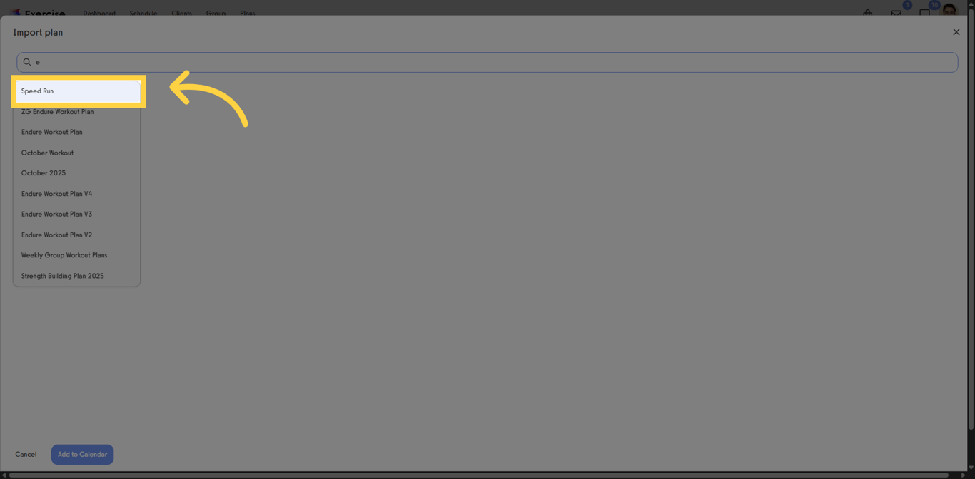 Screenshot showing a list of available workout plans.