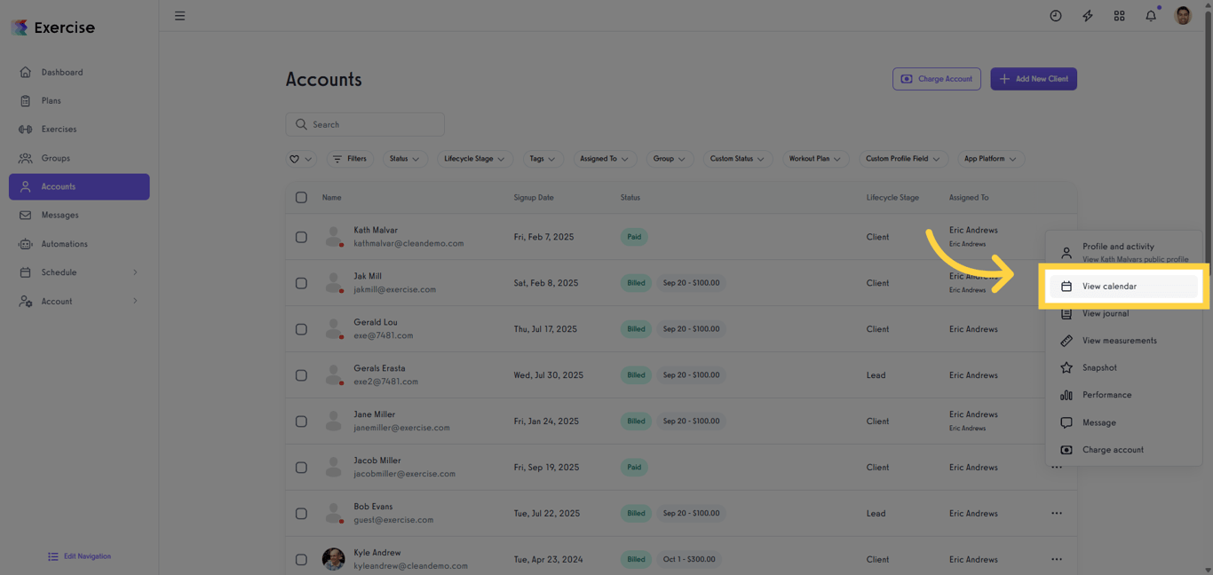 Select 'Accounts' then 'View calendar' of the client.