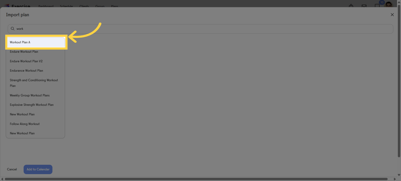 Search and select a workout plan.
