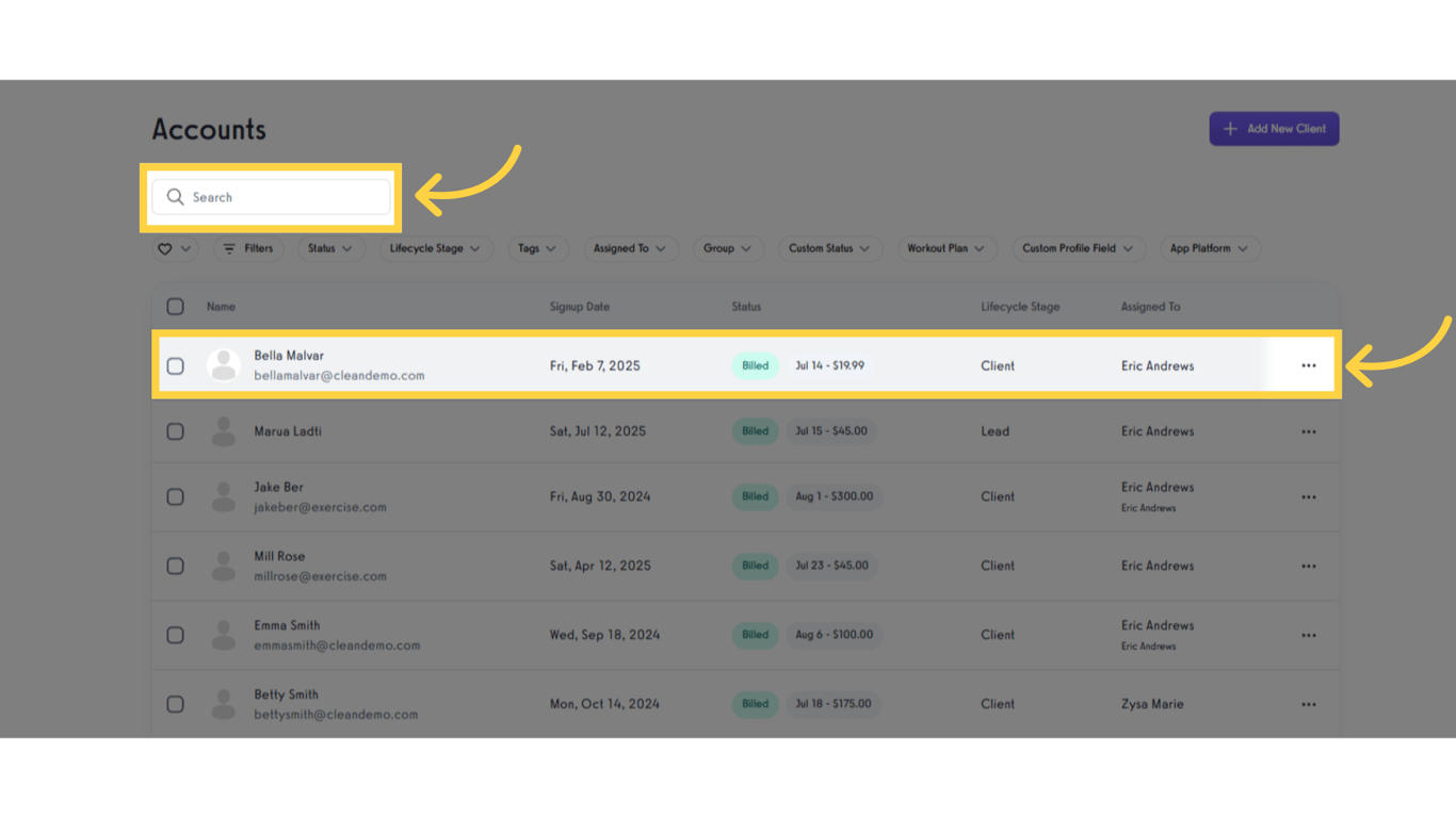 Search for or select client.
