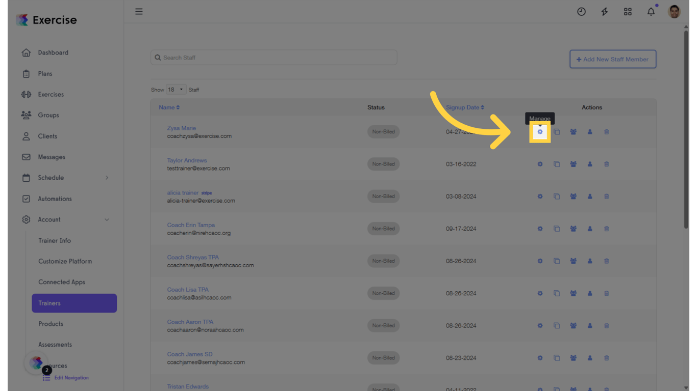 Click the gear icon next to the trainer you want to manage.