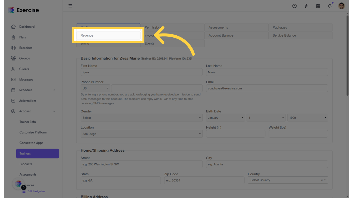 Click on the “Revenue” tab.