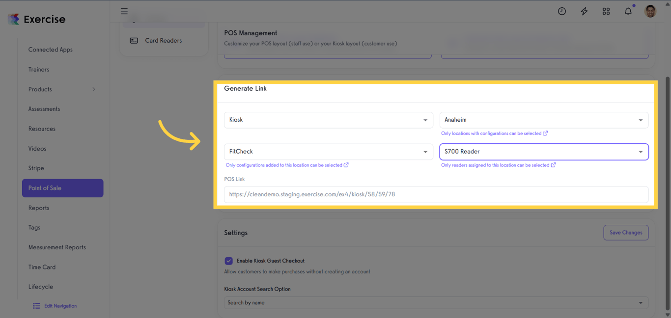 Generate a kiosk link by selecting the kiosk, location, template, and terminal.
