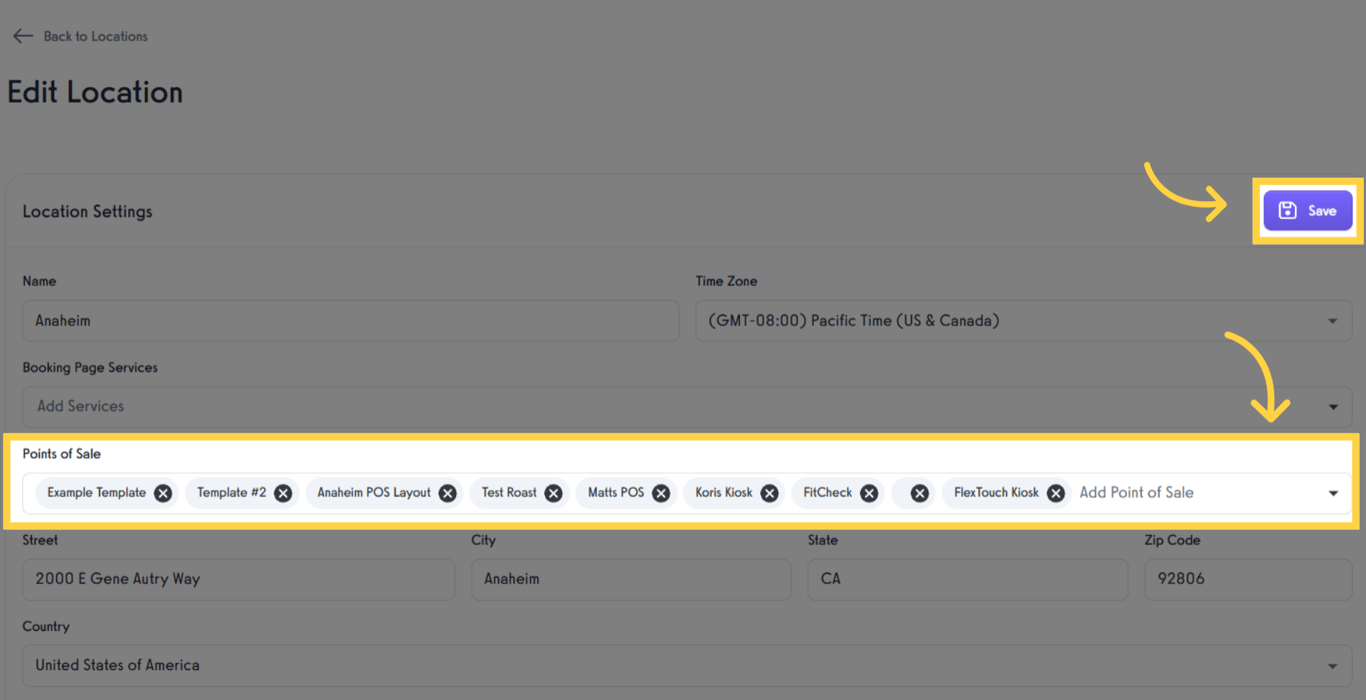 Link the kiosk to a location in the Point of Sale section, then save.
