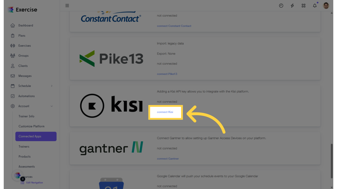 Scroll down to the Kisi section and click on the “Connect Kisi” link.