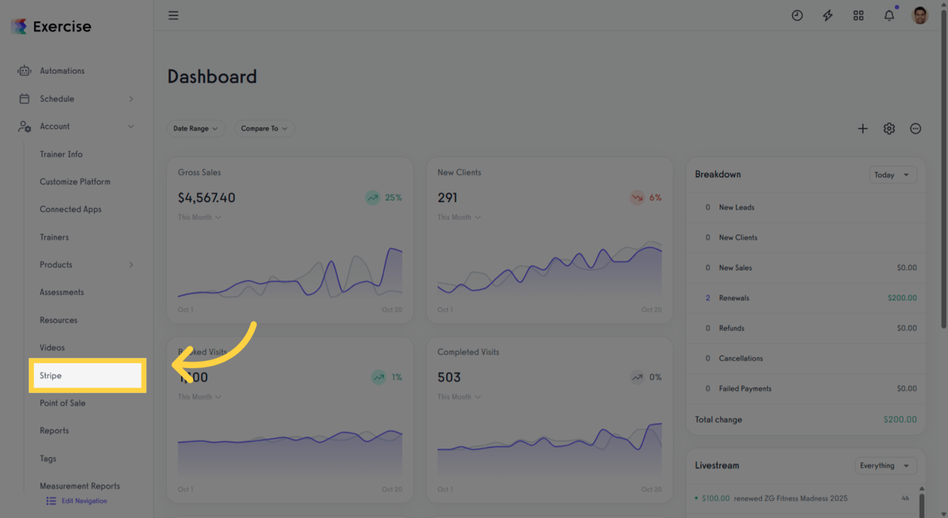 Select Stripe payment gateway from the Account tab.