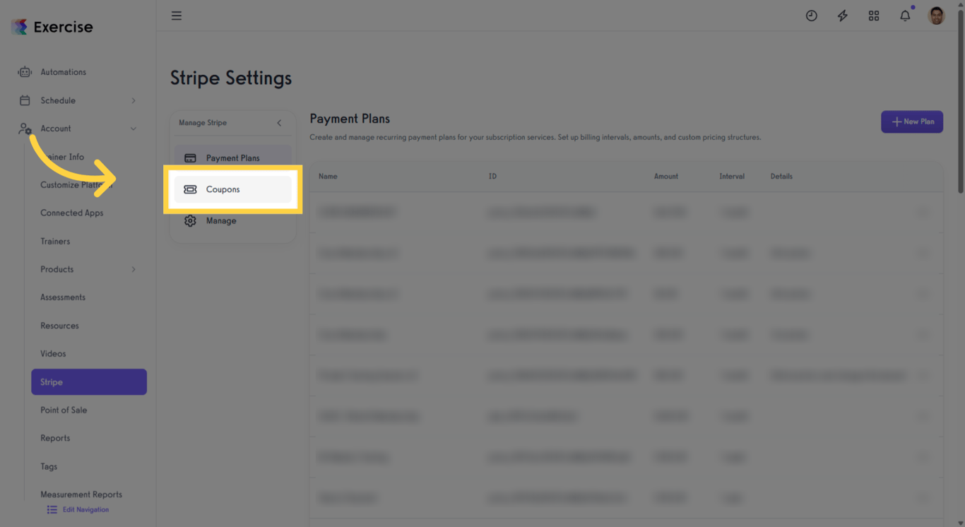 Open the Coupons section in Stripe payment settings.