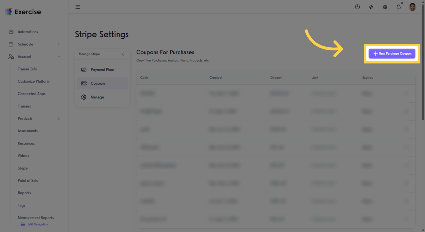 Select New Purchase Coupon to create a coupon for new purchases.