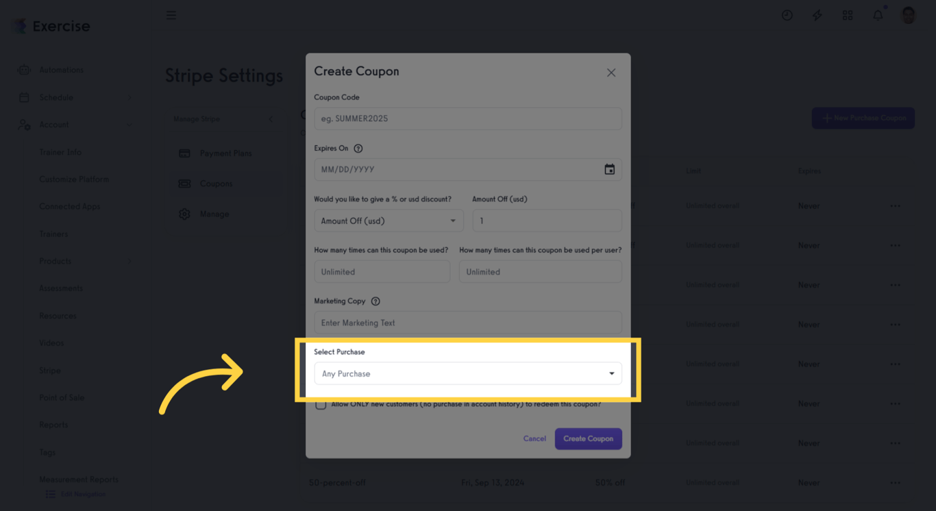 Create a new coupon and specify usage limits and item restrictions.