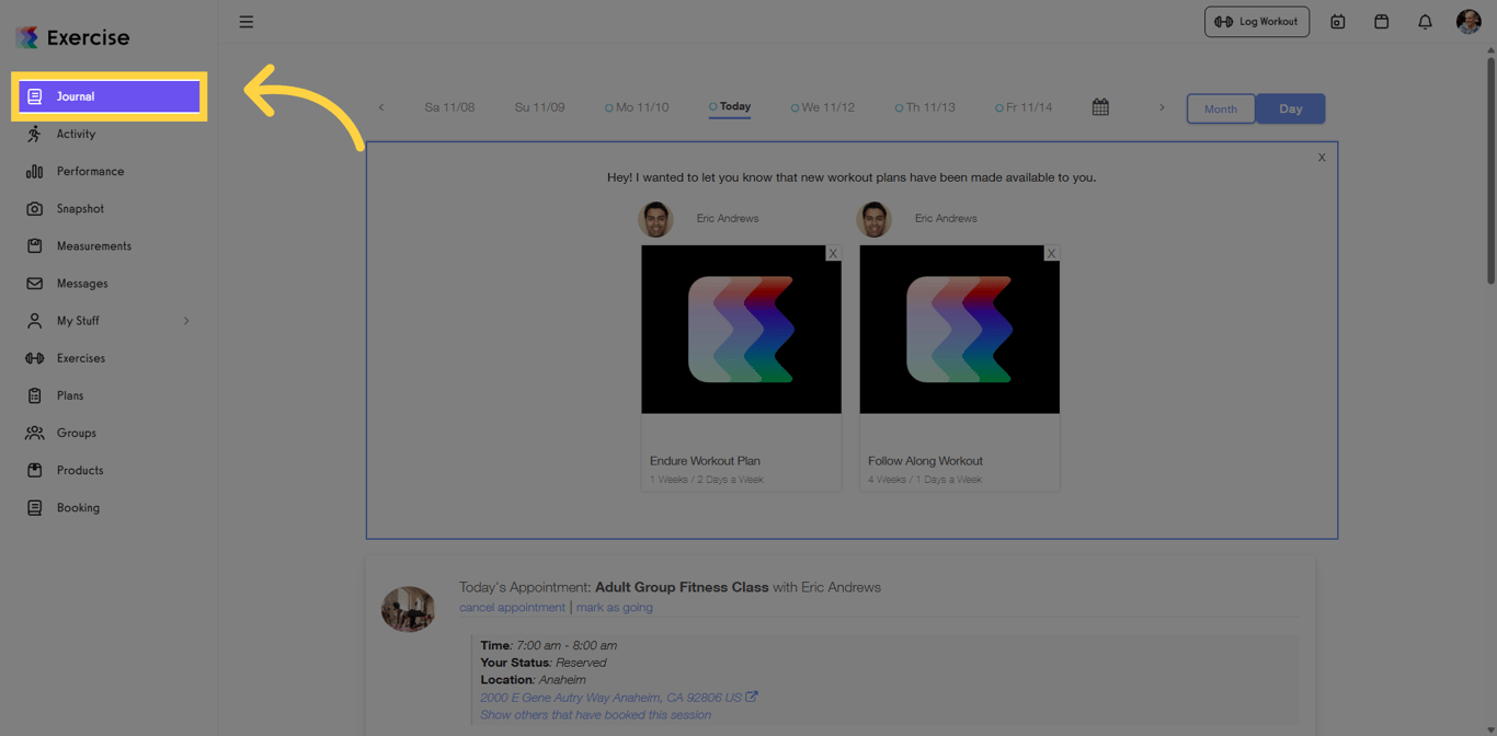 Screenshot showing the Journal tab to access workout logs.