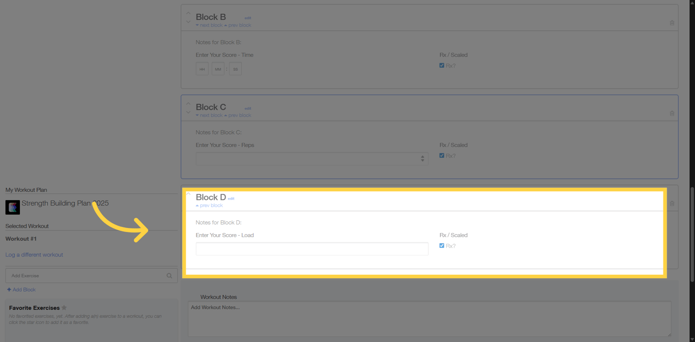 Screenshot showing score entry fields for each workout block.