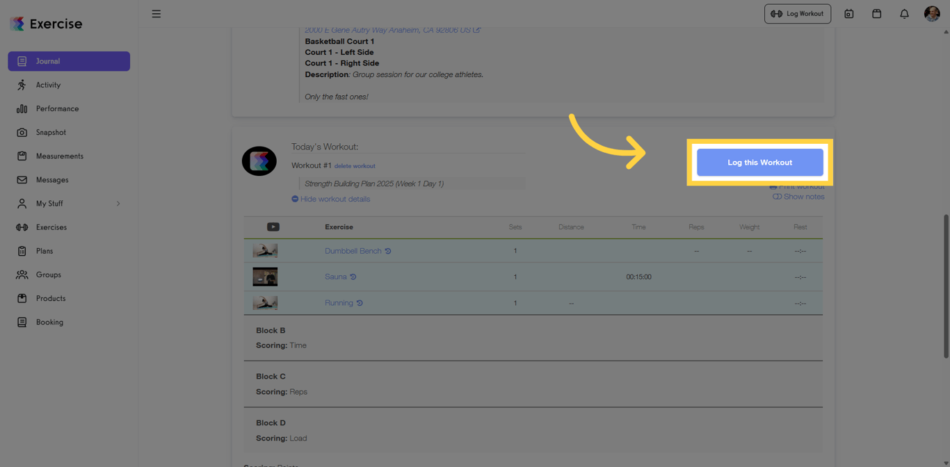 Screenshot showing Log This Workout button in the Journal tab.
