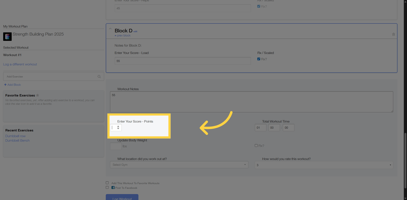 Screenshot showing where to enter total workout score in the logger.