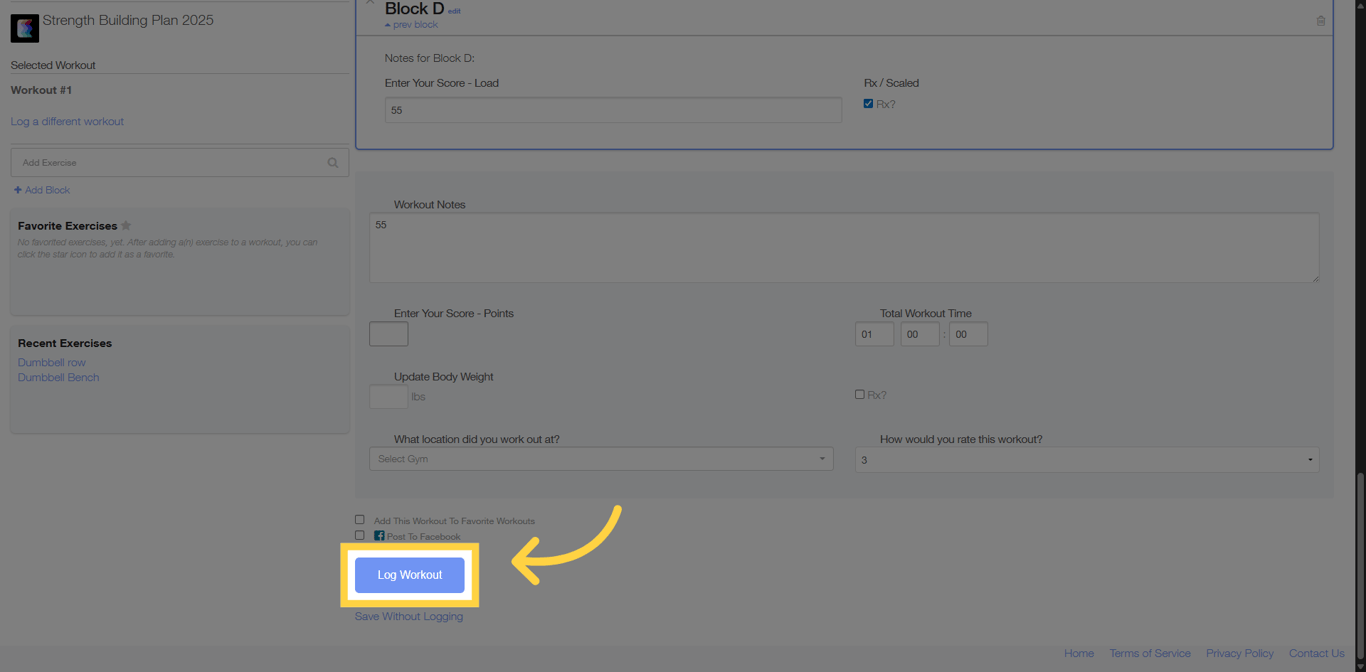 Screenshot showing Log Workout button to save workout entry.