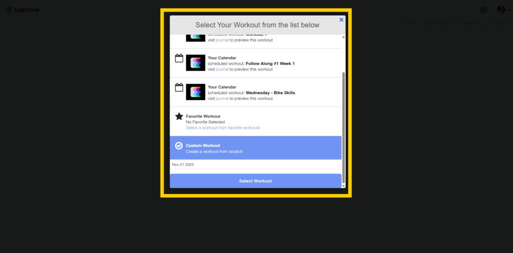 Custom Workout selection screen