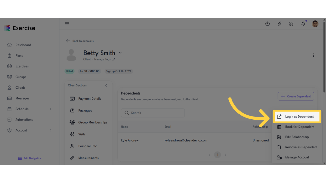 Click 'Login as Dependent'