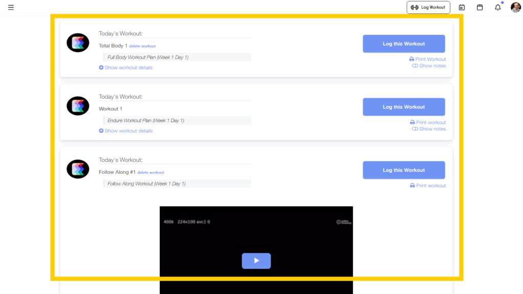 Journal page showing a list of workouts for the same day.