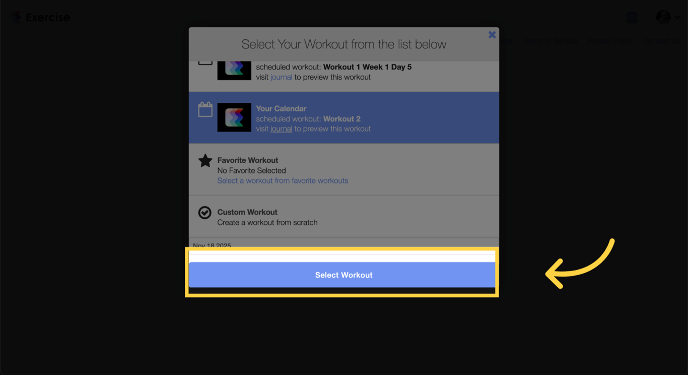 Select Desired Workout