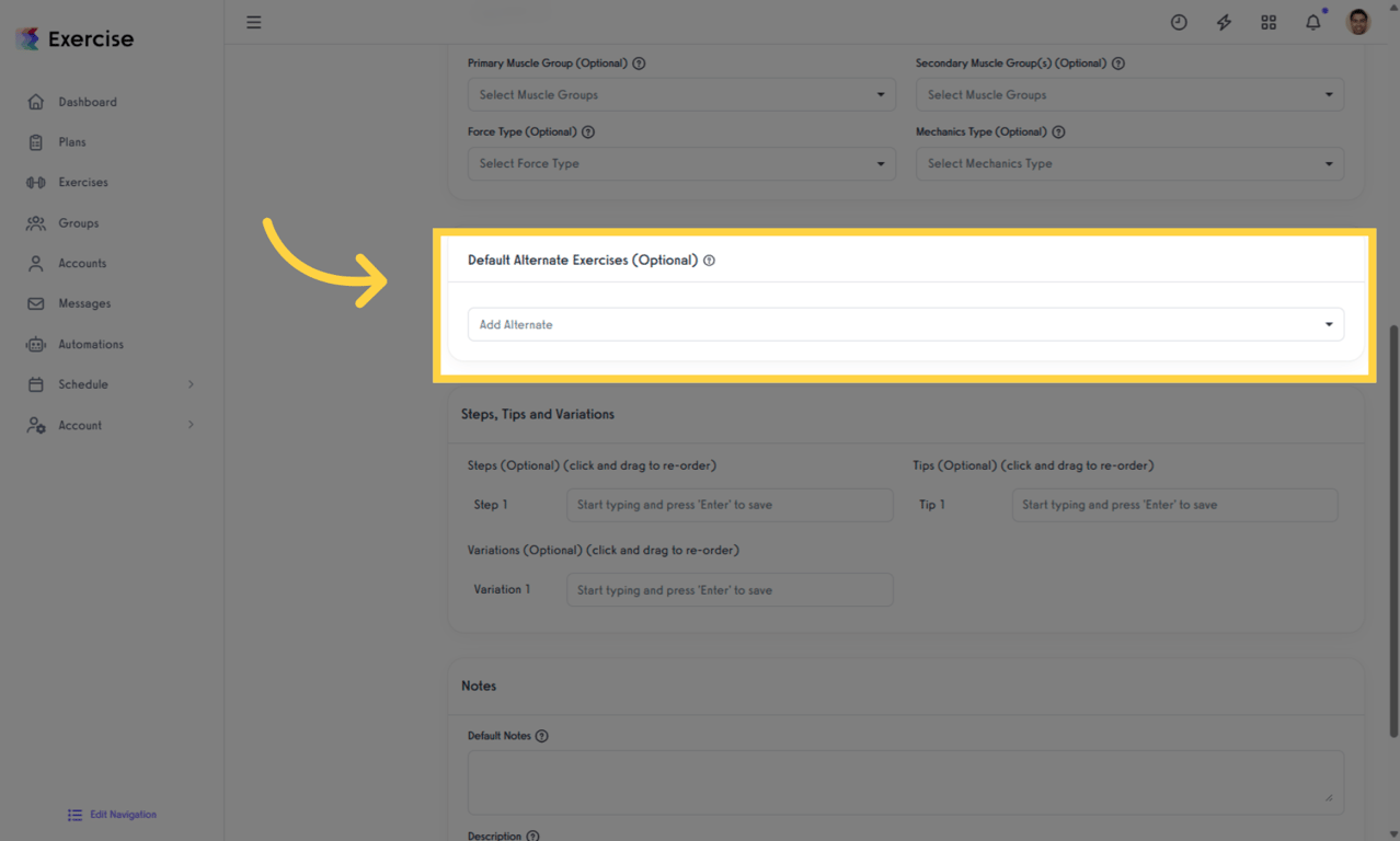 Set Default Alternate Exercise.