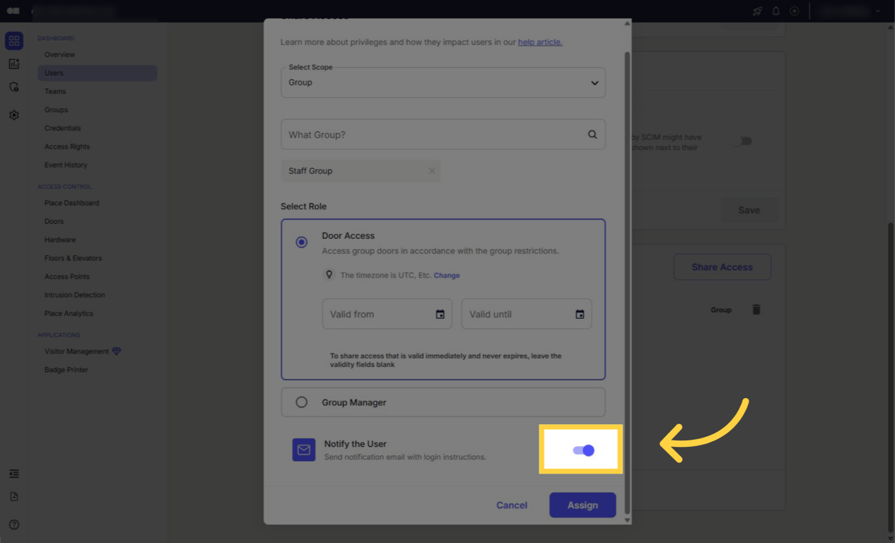 Toggle to notify user via email