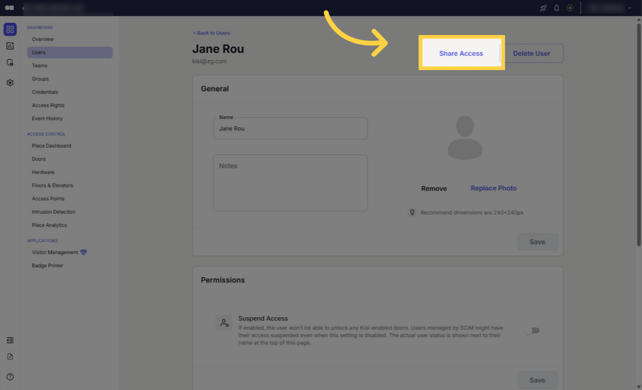 Click 'Share Access' at the top of the page