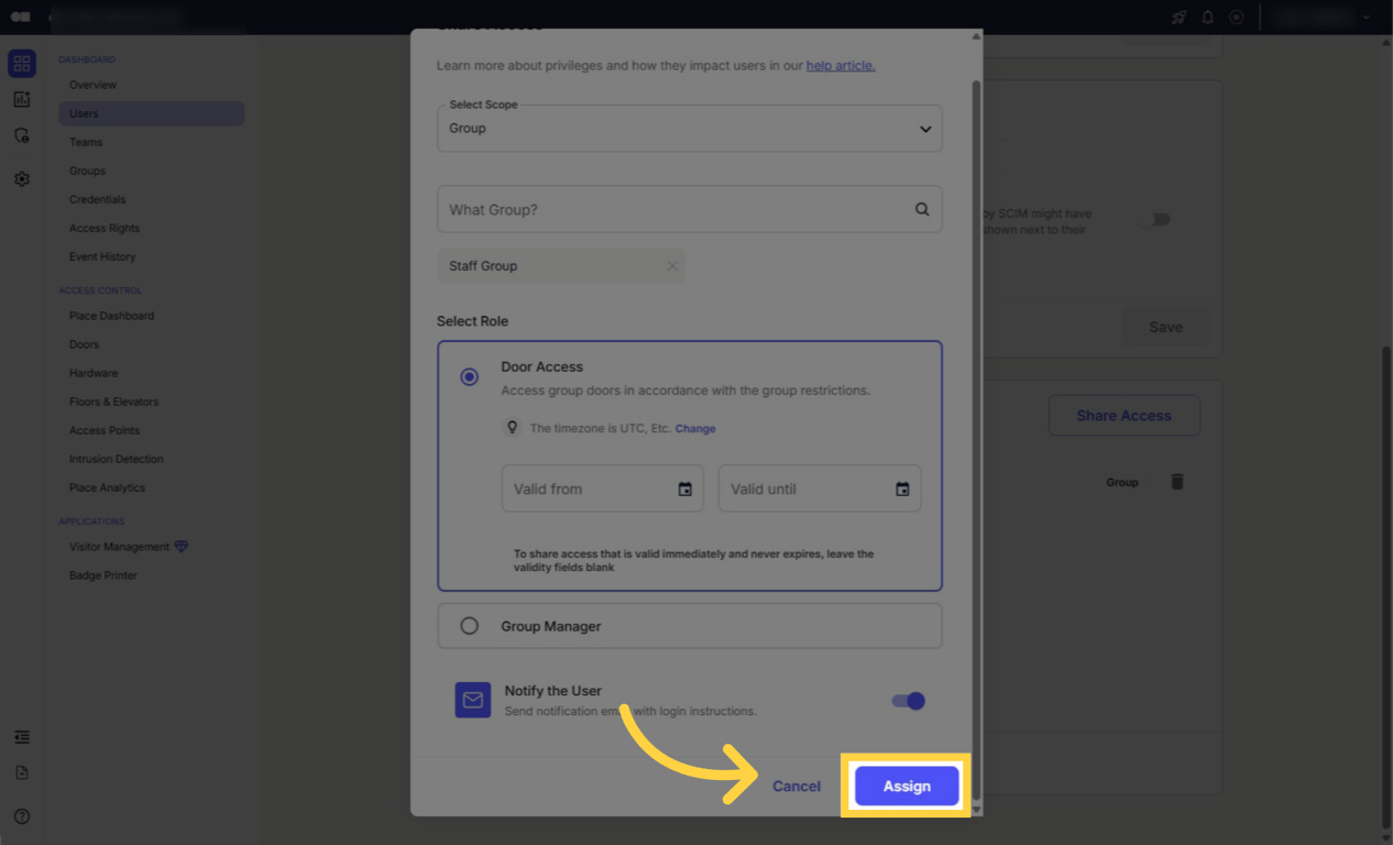 Assign shared access to the user