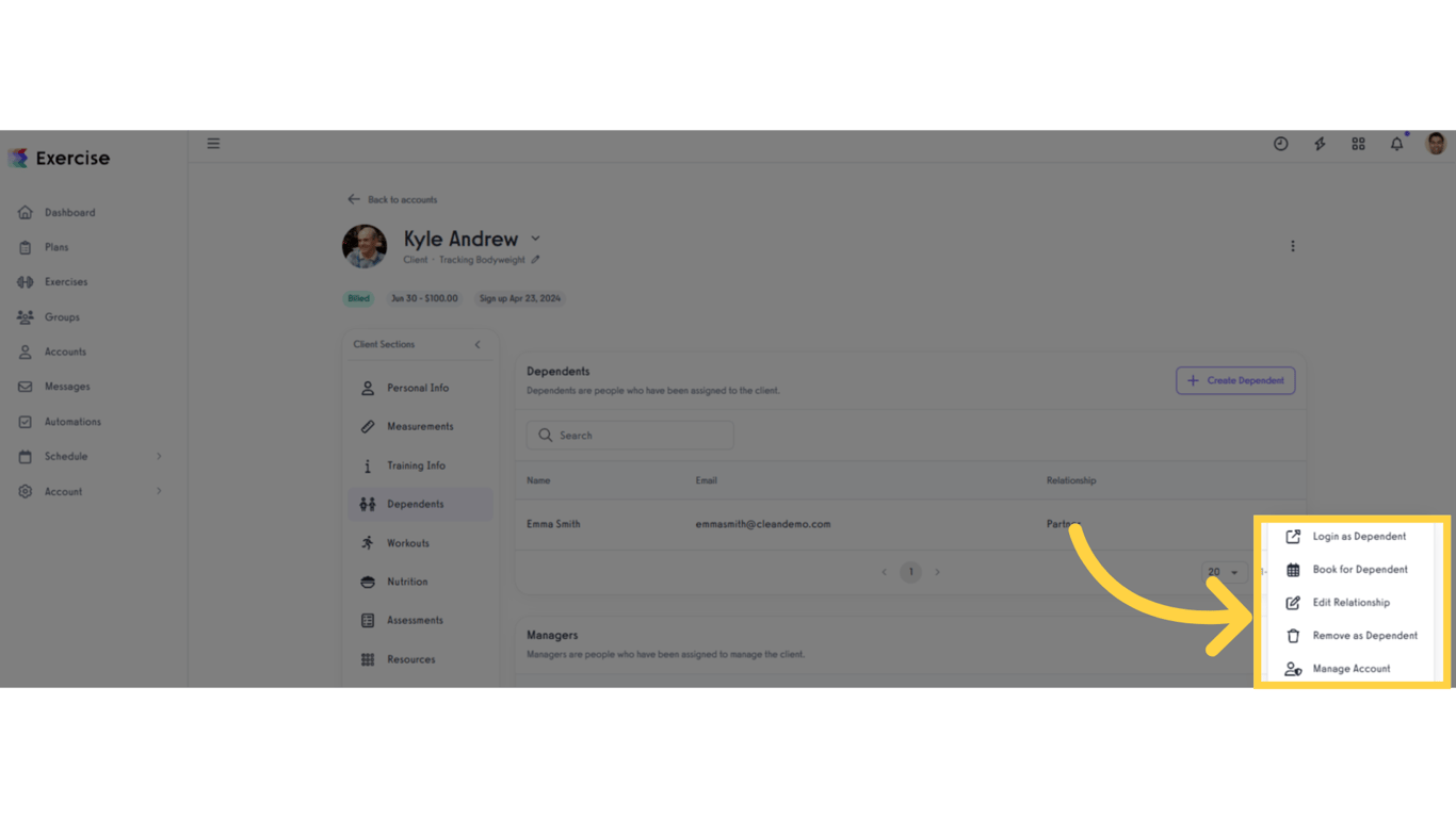 Icons to manage dependents.