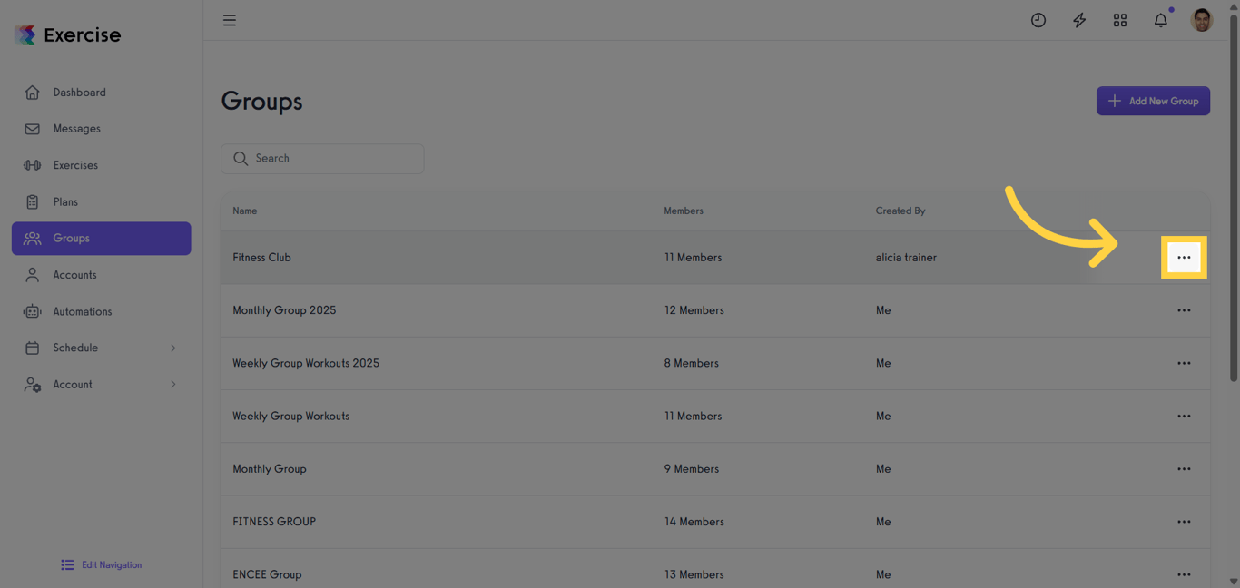 Open the three-dot menu for a group