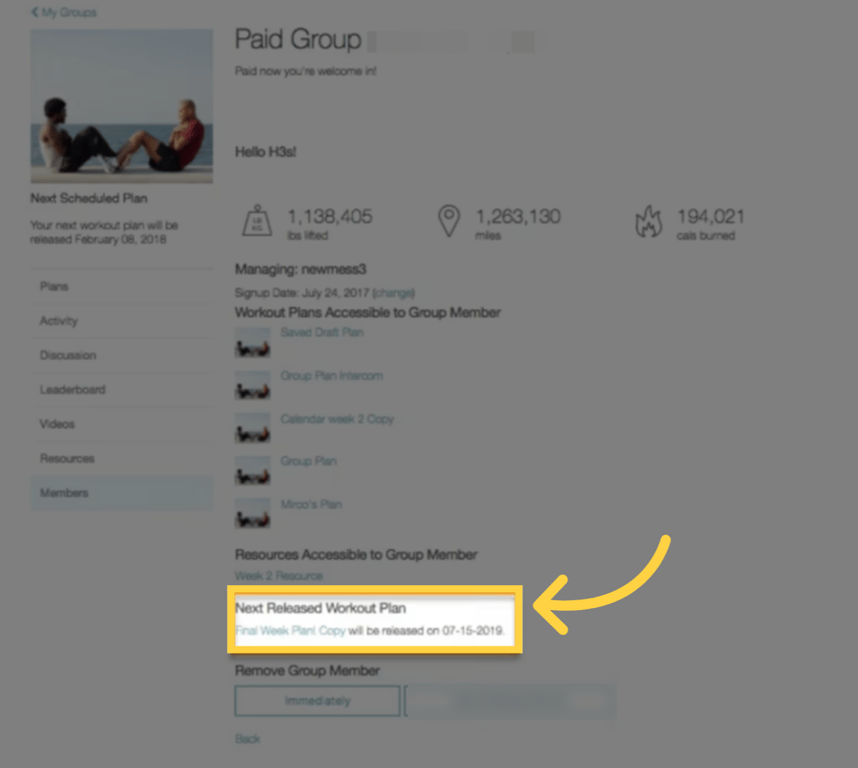 Next workout plan scheduled for a member