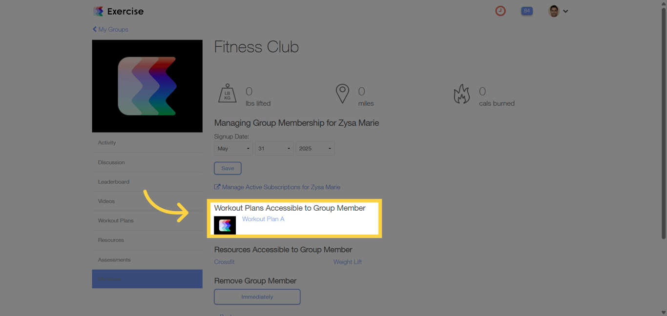 Workout plans available to the member