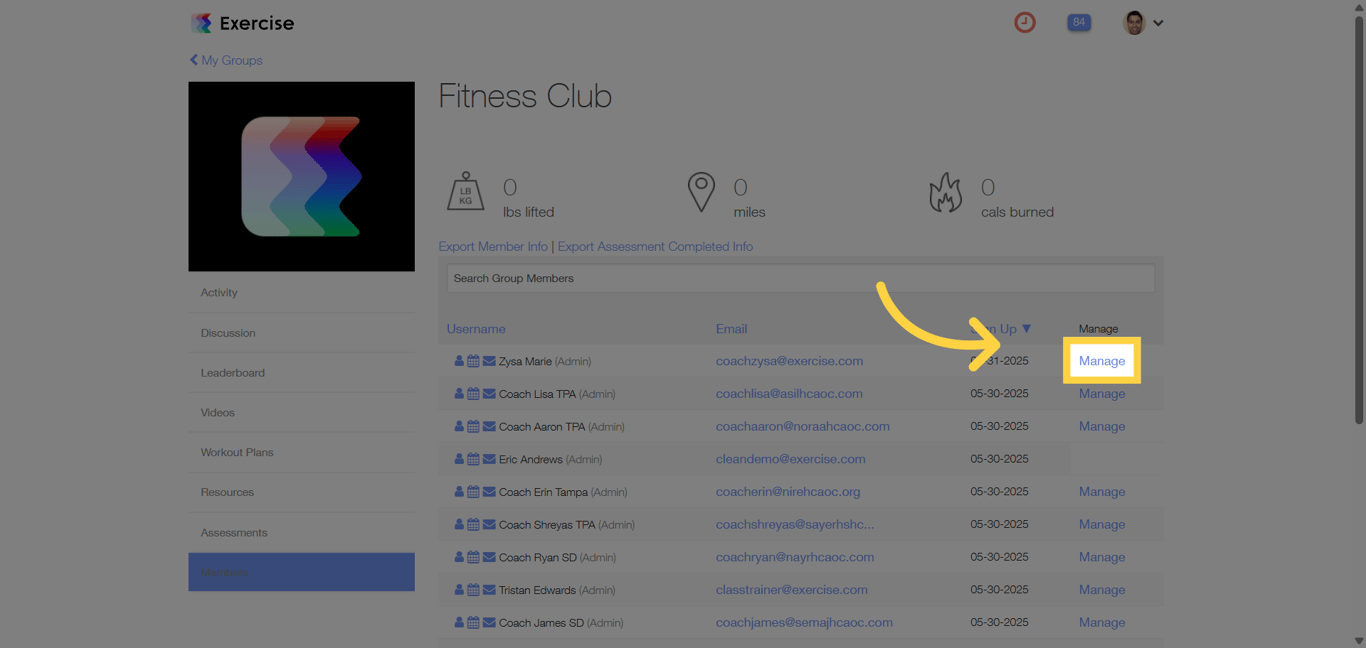 Click Manage for a specific group member