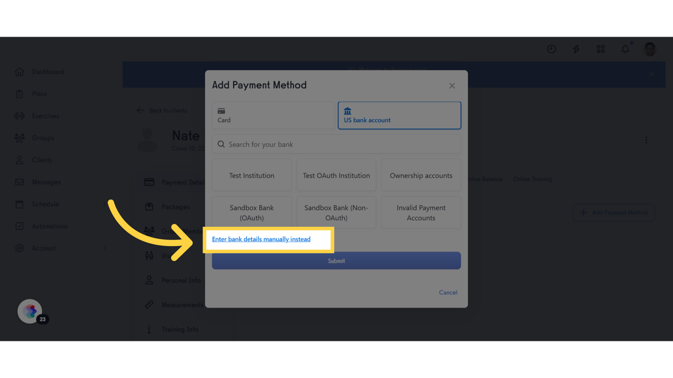 Enter Bank Details Manually