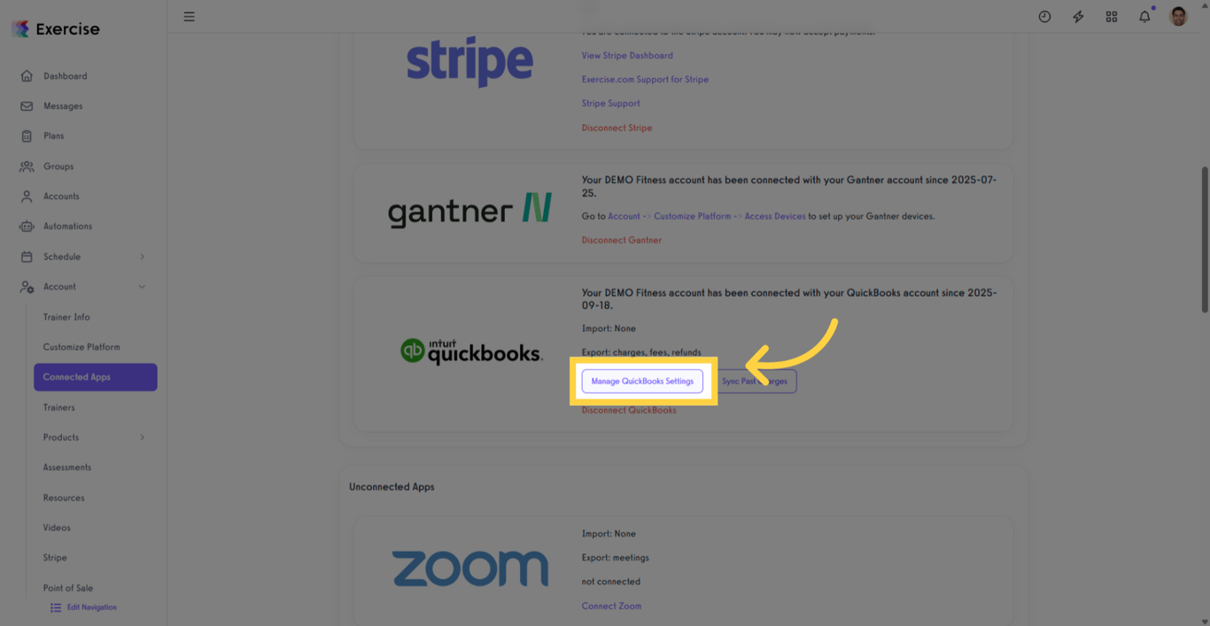 QuickBooks integration settings menu