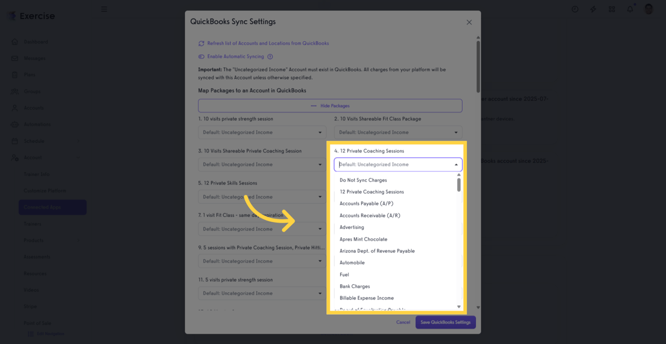 Map purchasable items to QuickBooks accounts