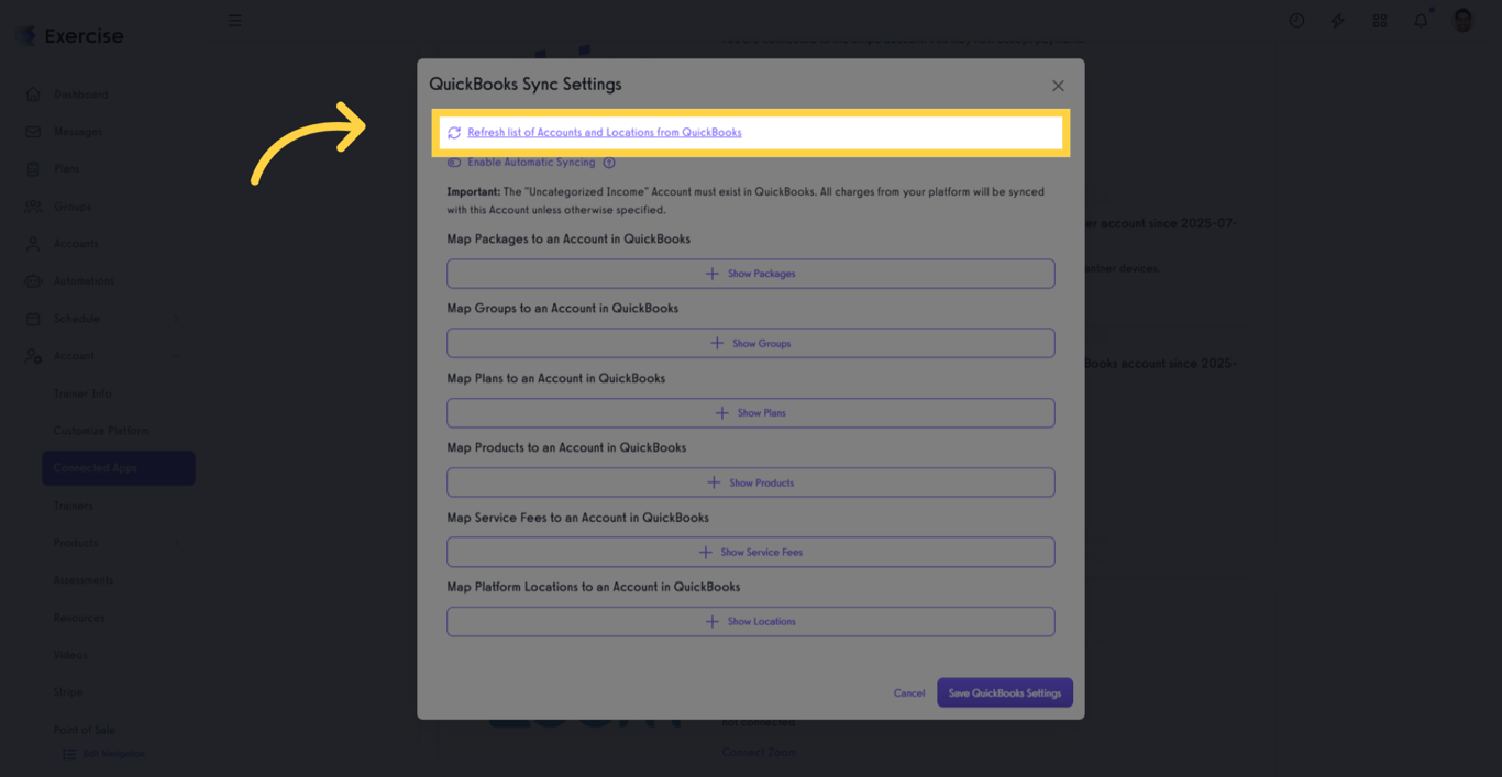 Refresh accounts and locations from QuickBooks