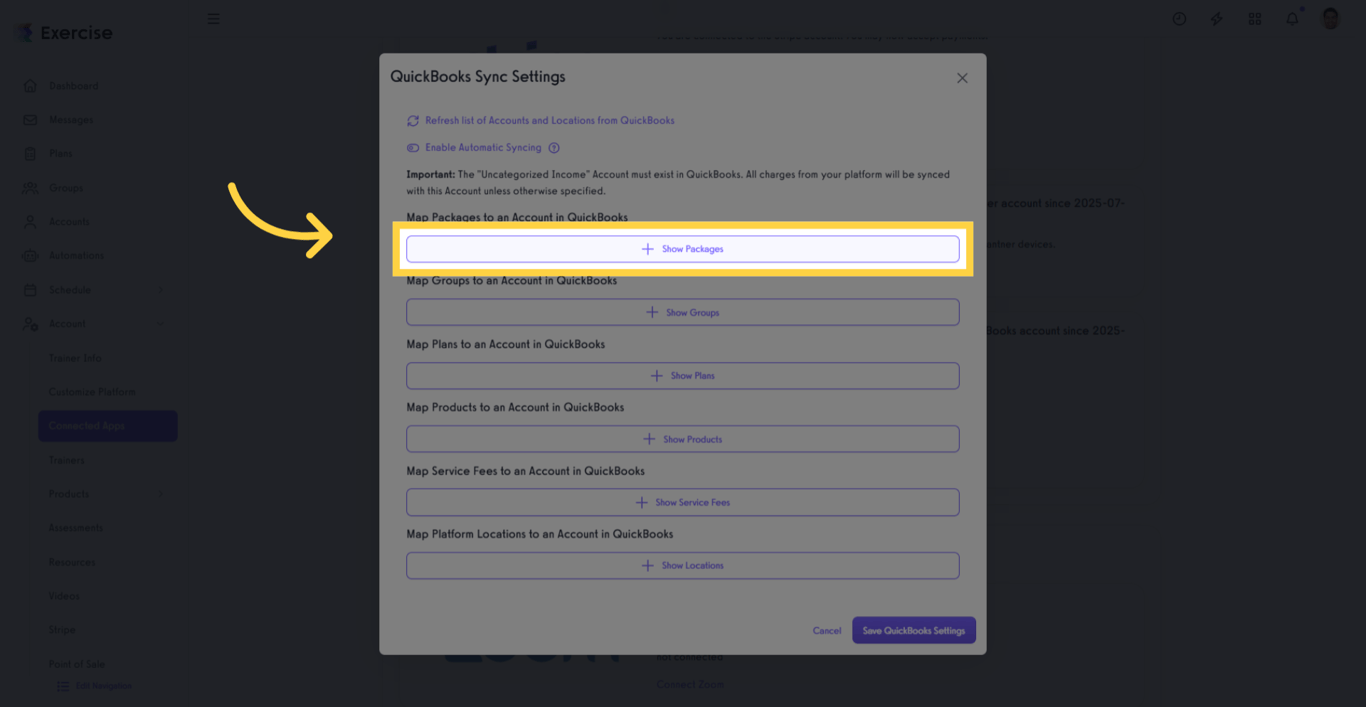 Show packages list in QuickBooks mapping screen