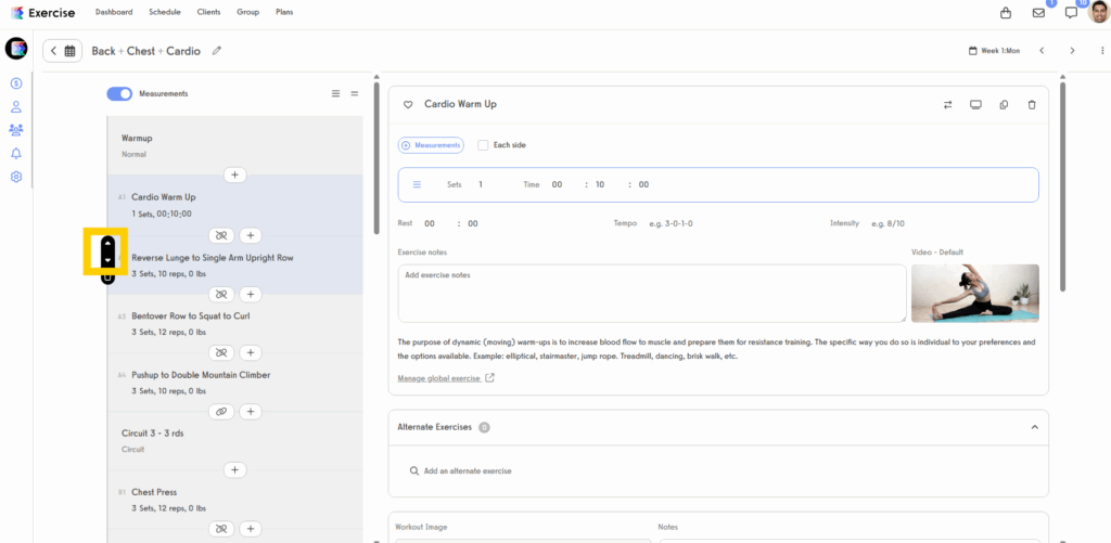 Click the up or down arrow to move an exercise.