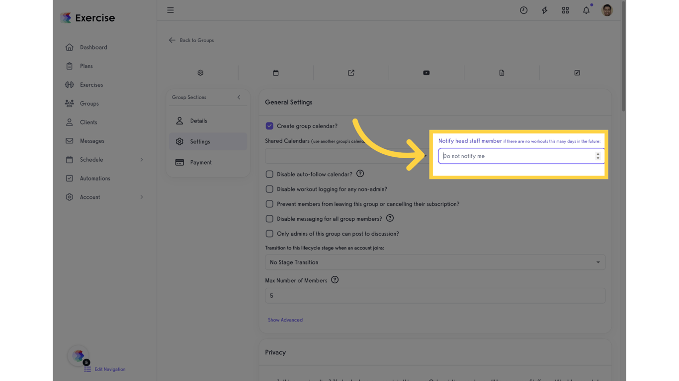 Click on 'Notify head staff member if there are no workouts this many days in the future:'