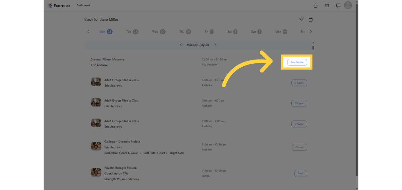 Click “Reschedule” to view options for modifying or canceling the session. 