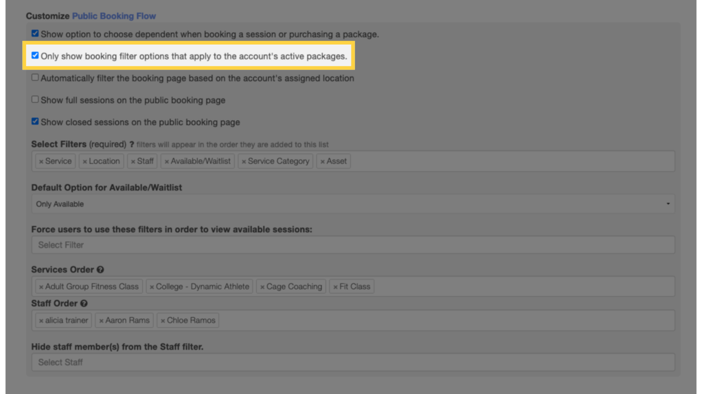 Only show booking filter options that apply to the account’s active packages.