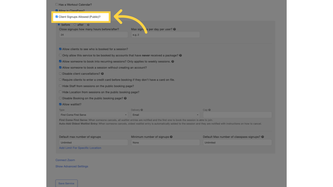 Enable 'Client Signups Allowed (Public)?'.