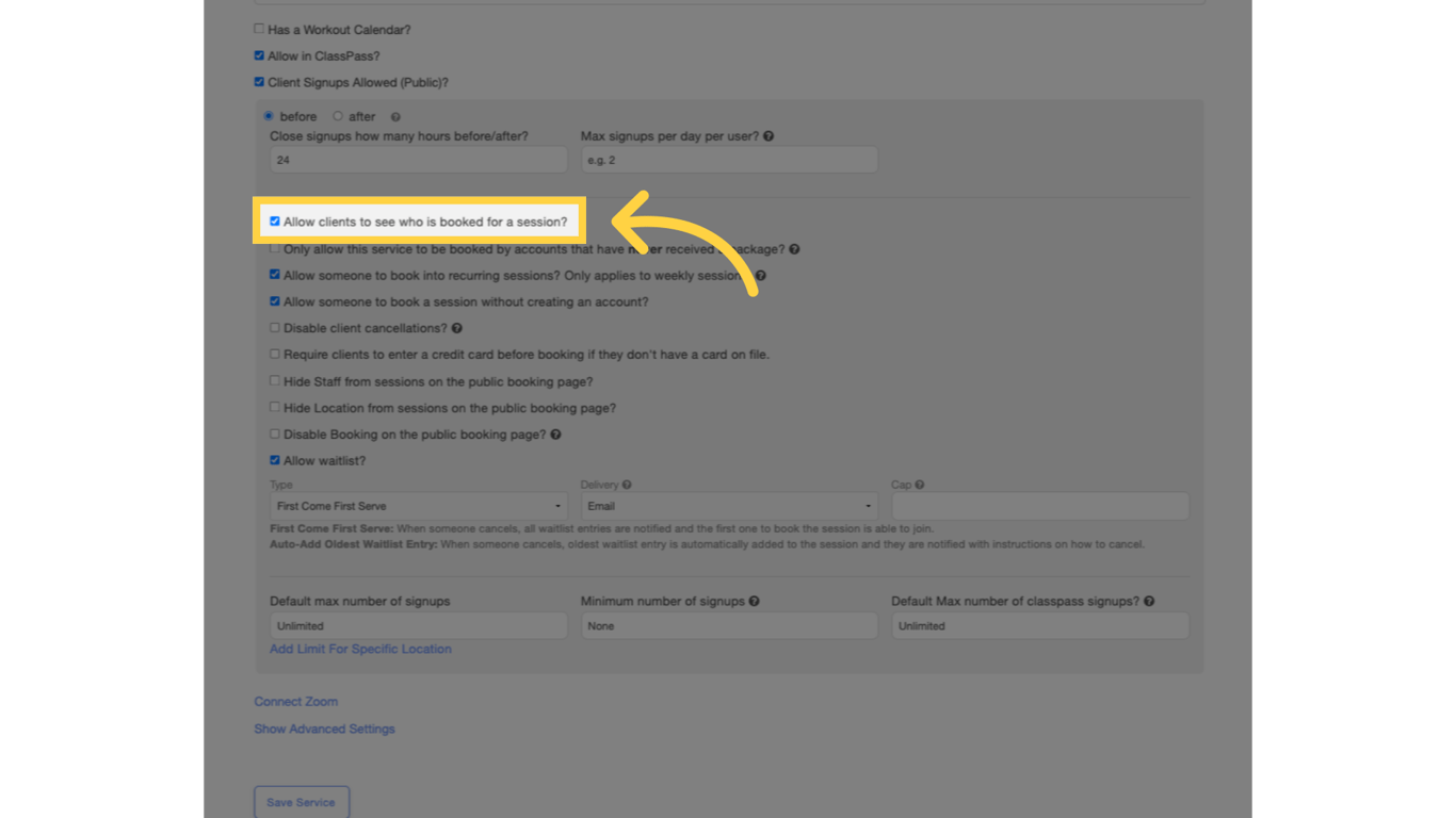 Enable 'Allow clients to see who is booked for a session?'