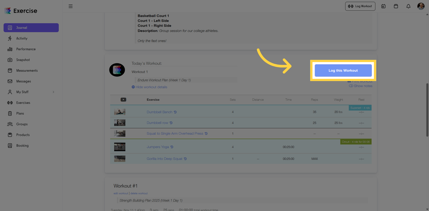 Screenshot showing Log This Workout button in the Journal tab.