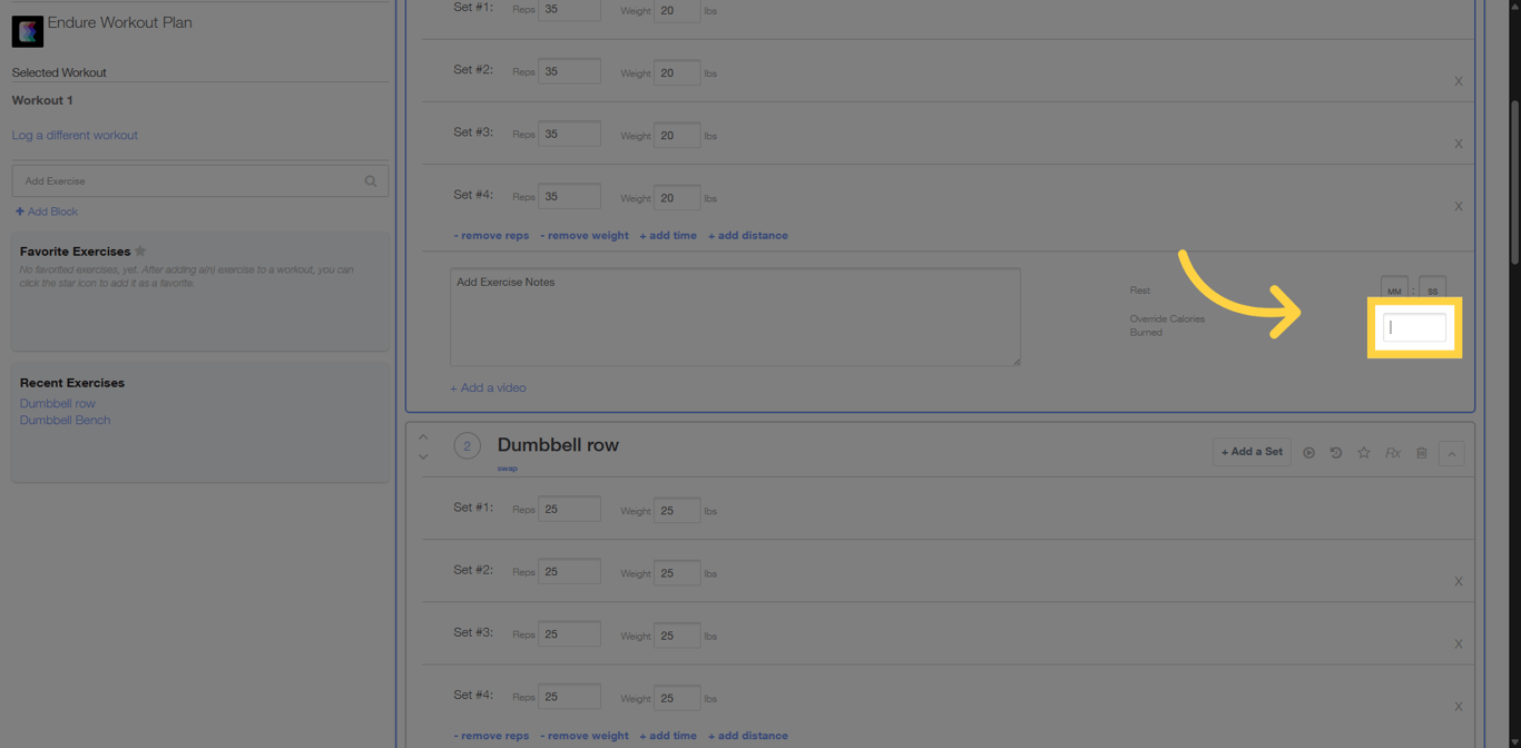 Screenshot showing the input field for overriding calories burned.