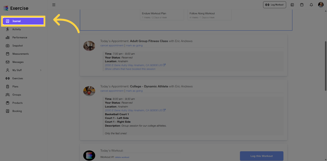 Screenshot showing the Journal tab for accessing workout records.